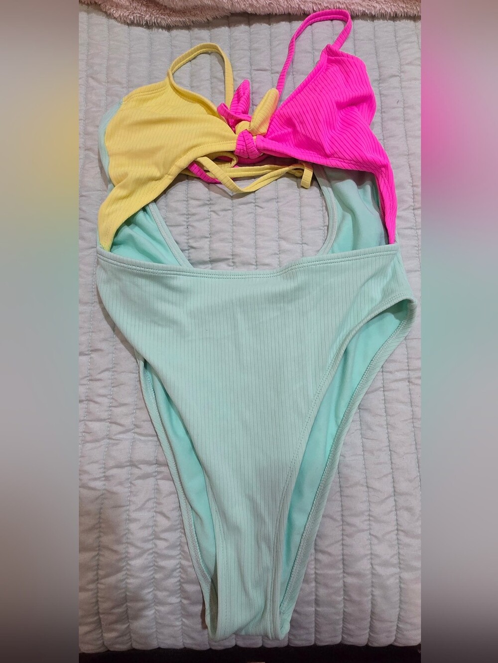 Xhilaration Ribbed One-Piece Swimsuit in Mint with Yellow & Hot Pink Accents